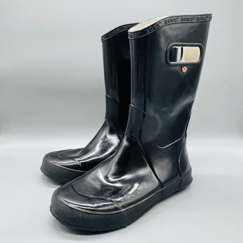 Bogs Boots Youth 6 Black Rubber Patent Waterproof Tall Pull On Handle Rain Shoes